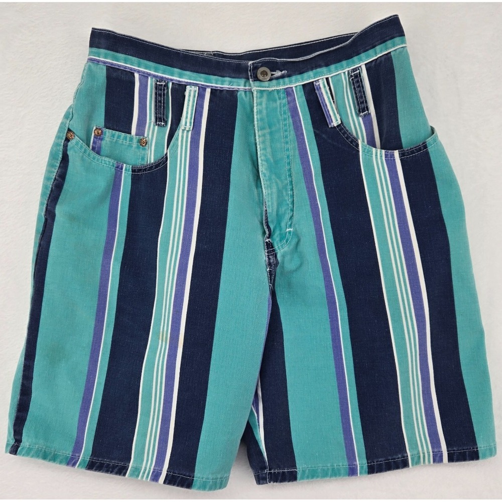 Vintage e.n.u.f. International‎ Juniors Shorts Green Blue Striped Size 9 90s Y2K